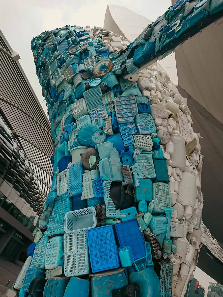 A whale made from recycled materials at the Marina Bay Sands complex in Singapore.