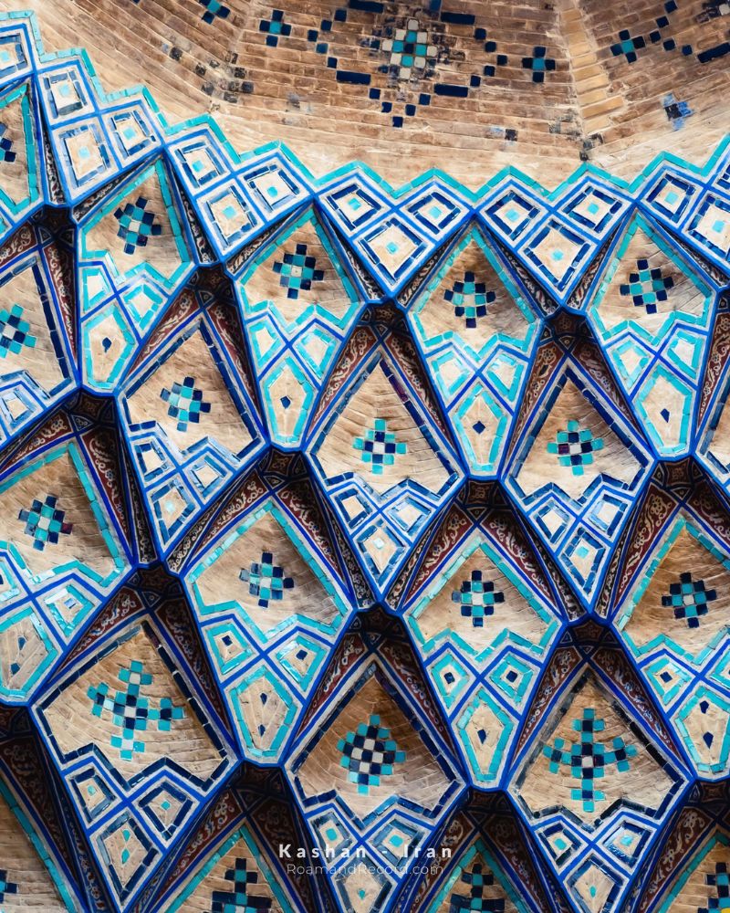 Tilework in a corner of the Amin al-Dowleh Timcheh in the traditional bazaar of Kashan, Iran—a sign of art flowing through the everyday lives of the Iranian people