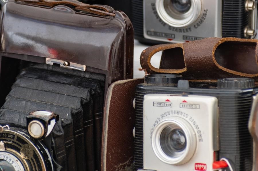 Old and antique cameras in a street market in Barcelona